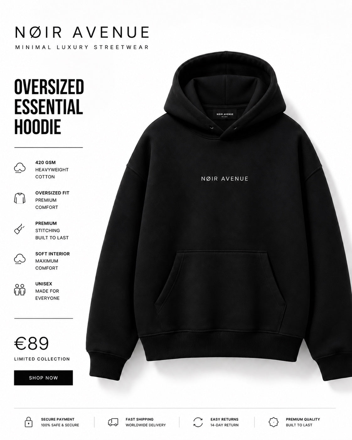 NØIR Avenue oversized essential hoodie in Noir Black